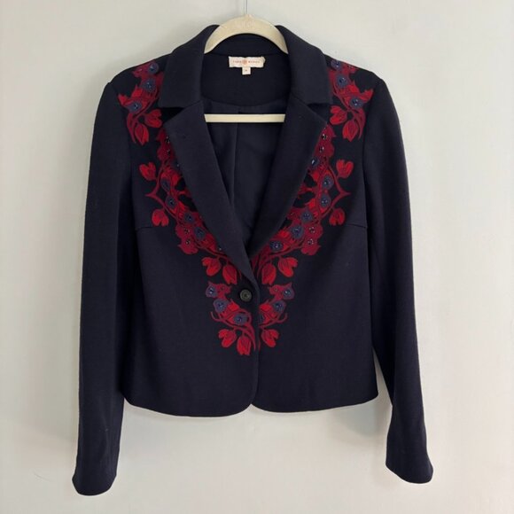 Tory Burch Lisanne Blue and Red Embroidered Blazer - Picture 1 of 12